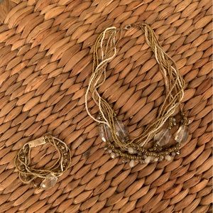 Two-Piece Set Multi Layered Beaded Gold Tone Necklace & Bracelet